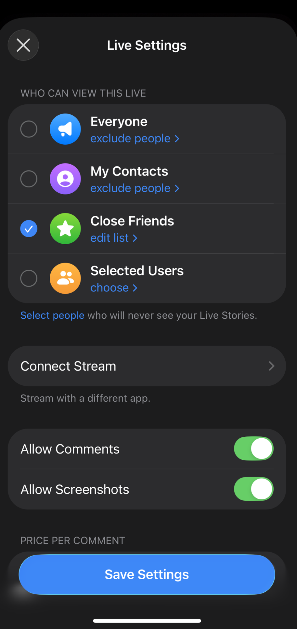 telegram live storie settings